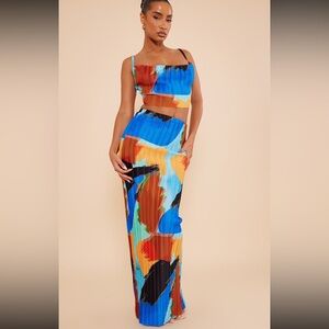 BLUE ABSTRACT PRINT PLISSE COWO NECK TOP AND MAXI SKIRT